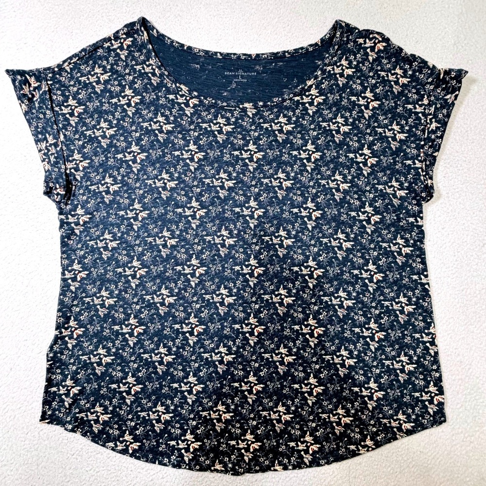 LL Bean Signature T-Shirt Womens L Blue Bird Floral Cotton Modal Dolman Tee